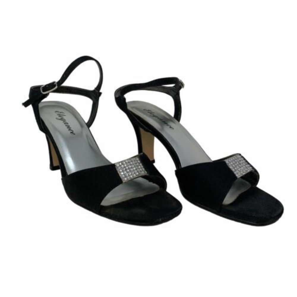 Black Satin 2” Stilettos With Rhinestone Accents And Ankle‎ Straps Size 6 1/2